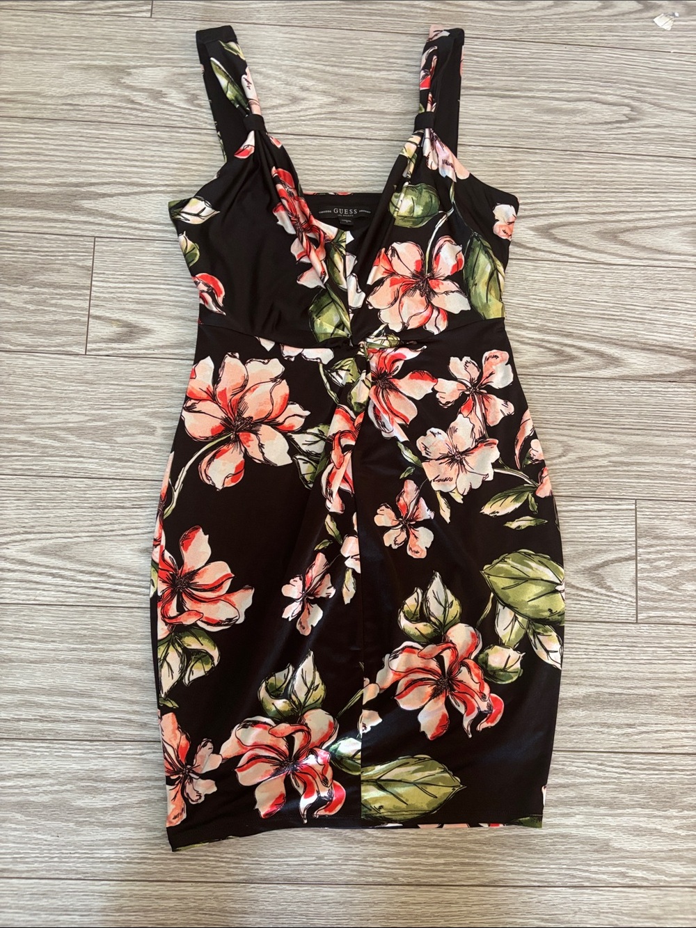 GUESS Black Floral Midi Dress with Coral & Green Print